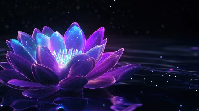 ethereal bloom aglow on tranquil waters, a captivating dreamscape of luminescent purples and blues creating a mesmerizing atmosphere