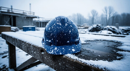 Blue hard hat covered in snow sits on a wooden bench at a construction site in winter, evoking cold weather work, safety, and construction industry resilience.  