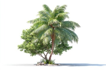 Lush palm tree beside smaller broadleaf tree