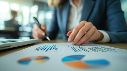 A businesswoman in a suit, working at a desk with a laptop and financial charts.