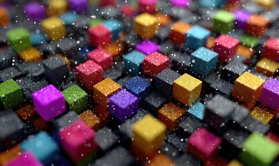Colorful cubes in an arrangement with tiny specks falling