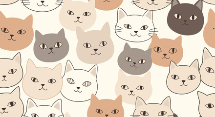 A delightful seamless pattern featuring numerous cute and friendly cartoon cat faces in soft, earthy tones, creating a cozy and adorable design.