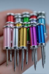 Multi-colored thumbtacks held closely in a human palm