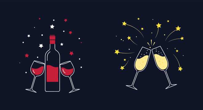 Celebratory illustrations featuring a red wine bottle with glasses and toasting champagne flutes with stars on a dark background.