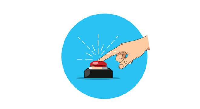 A human hand's index finger presses a prominent red button, indicating activation or a crucial action against a vibrant blue circular background.