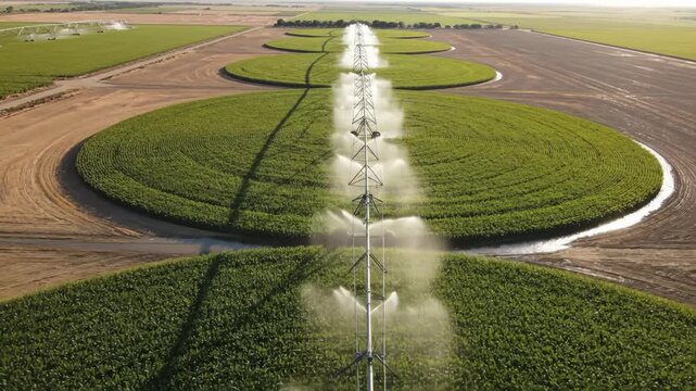 Aerial View of Center Pivot Irrigation Watering Crops on Farm, Agriculture