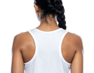 Sweaty-backed woman in white tank top, braid visible, facing away on a black background