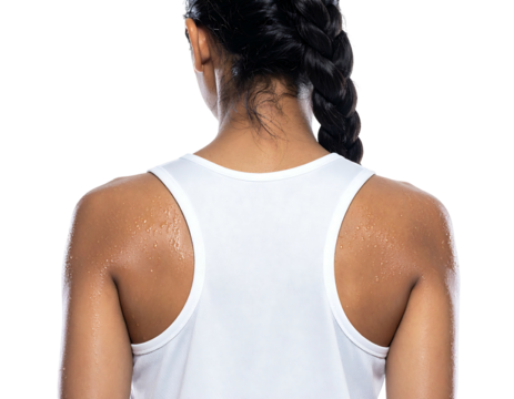 Sweaty-backed woman in white tank top, braid visible, facing away on a black background