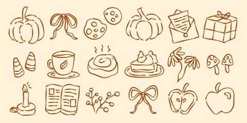 Set of hand drawn autumn elements. Whimsical autumn and fall illustration. Coquette autumn. Hand drawn pumpkin, cookies, tea, apple, letter, book in brown.