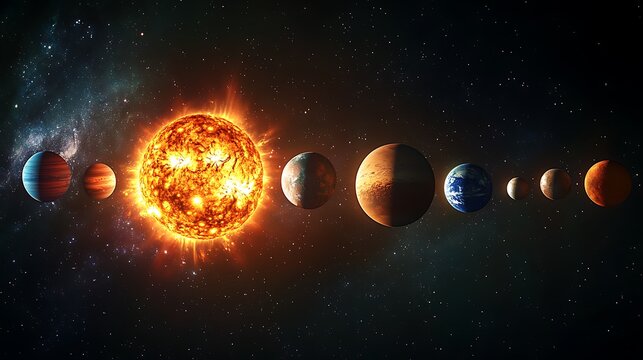 Solar system planets and sun in cosmic space