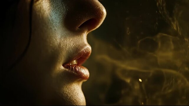 Mysterious close up of a woman exhaling glowing particles.