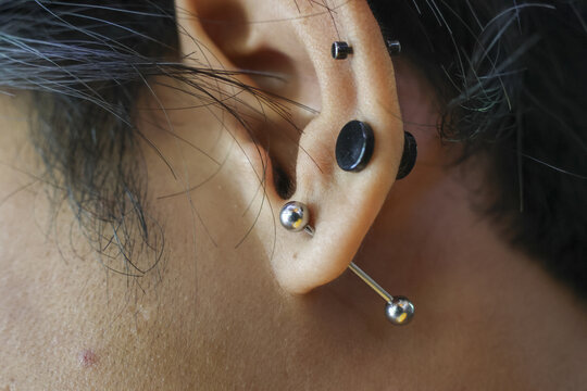 Close up of an ear with multiple piercing jewelry. industrial barbell and studs reflect confident personal style and modern fashion choice in body modification