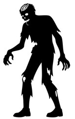 Halloween zombie silhouette with torn clothes and exposed brain, creepy undead monster walking in darkness