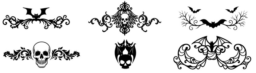Halloween header ornament set with gothic bats, skulls, wings and vintage curls — spooky decorative borders and horror page dividers for Halloween frames