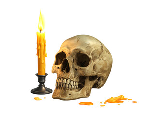 Skull and glowing candle on a black background, with dripping wax puddle, creating a somber, morbid atmosphere