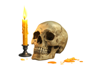 Skull and glowing candle on a black background, with dripping wax puddle, creating a somber, morbid atmosphere
