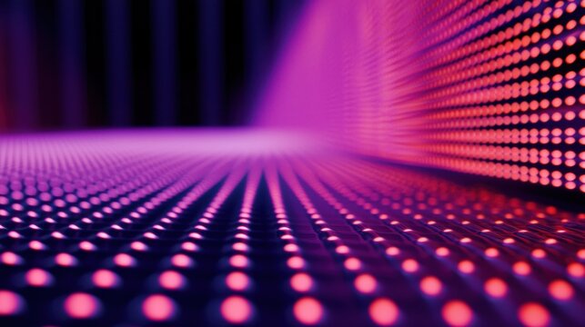 A vibrant, colorful LED display with a pink and purple hue, featuring a grid of small, round dots.