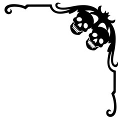 Halloween corner ornament with skulls and vintage border — gothic spooky frame element for dark decoration