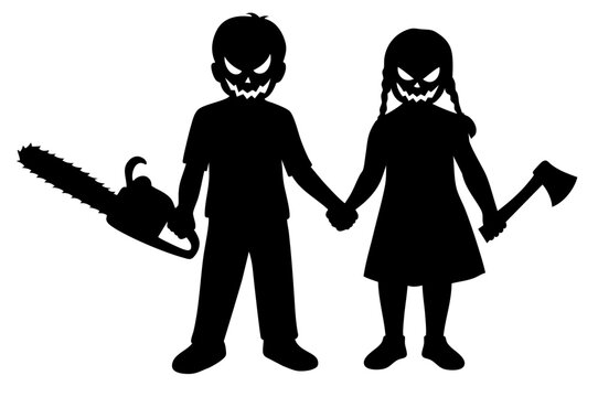 Halloween creepy kids silhouette holding axe and chainsaw, evil brother and sister horror characters