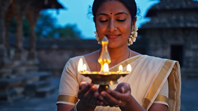 Woman Holding Lit Oil Lamp in Traditional Indian Setting