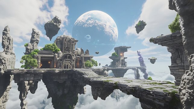 Breathtaking digital painting of futuristic floating city in clouds with unique architecture and serene atmosphere for sci-fi fantasy imaginative magical scene concept - Powered by Adobe