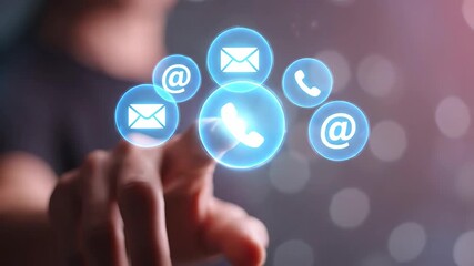 Person Touching Glowing White Contact Icons Against Dark Background - Powered by Adobe