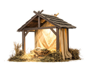 A rustic manger with straw and cloth is lit from within against a dark backdrop, evoking a serene scene