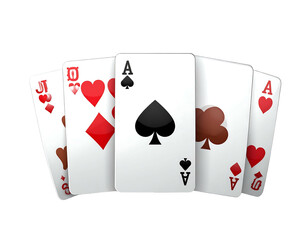 A selection of playing cards fanned out displaying a variety of suits and high value cards on a black background
