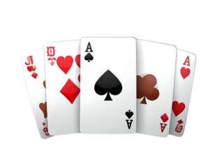 A selection of playing cards fanned out displaying a variety of suits and high value cards on a black background