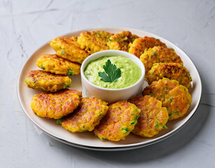 Fototapeta premium Golden vegetable fritters served on a plate with a bowl of creamy green dip garnished with fresh parsley.