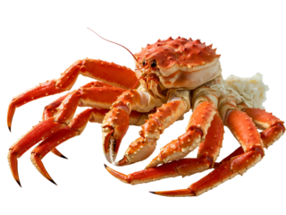 Vibrant cooked King Crab, showcasing its rich red shell and long succulent legs, perfectly isolated on a crisp white background, ideal for culinary presentations and seafood menus