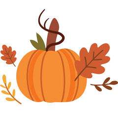 Naklejka premium A Decorative Autumn Pumpkin With Orange Ribs And Brown Stem Surrounded By Falling Leaves In Various Shades Of Orange And Yellow