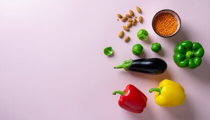 Overhead flat lay of assorted colorful vegetables and spices on a pink background with a shallow depth of field.