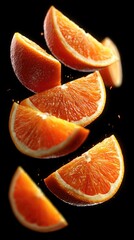 Sliced orange segments float against a stark black background