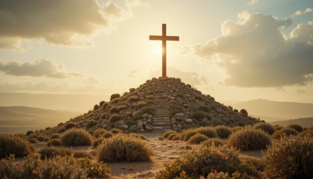 During Passion Week, the Golgotha hill and cross represent Jesus' death and resurrection.