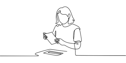 Continuous line drawing of a woman holding a ballot before placing it into a box, representing voting, democracy, and civic engagement.