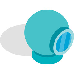 A Cyan Spherical Webcam With A Blue Lens And A Dark Shadow On A Transparent Background In An Isometric View