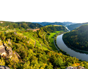 Sweeping river winds amidst lush hills, fields, and forests, captured from a high vantage point in the daytime