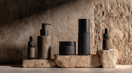 Naklejka premium Elegant Collection of Natural Skin Care Products on Rustic Background