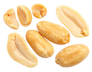 Close-up of several roasted peanuts, whole and halved, scattered on a black surface with slight highlights