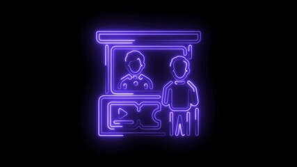 Neon illuminated virtual reality experience stand with attendees and vr headset