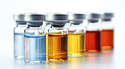A row of vials with different colored liquids, arranged in a neat row.