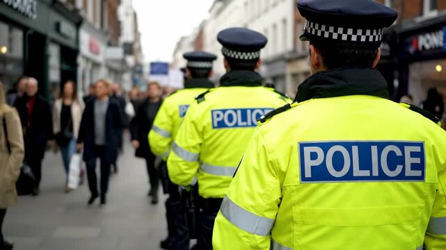 Rear View of Police Officers in Yellow Reflective Vests on a Crowded Street
