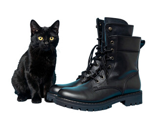 A shiny black cat sits next to a pair of tall black lace-up boots on a black background, giving a cute aesthetic