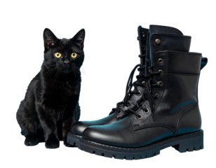 A shiny black cat sits next to a pair of tall black lace-up boots on a black background, giving a cute aesthetic