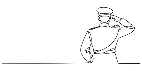 Minimalist one line illustration showing a soldier in uniform giving a respectful salute, symbolizing honor, patriotism, and military discipline.