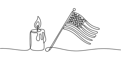 a burning candle beside a national flag, symbolizing remembrance, respect, mourning, and patriotic tribute to the fallen.