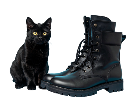 A shiny black cat sits next to a pair of tall black lace-up boots on a black background, giving a cute aesthetic
