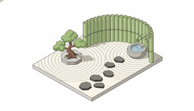 isometric japanese zen garden with bamboo clip art preview