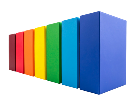 Stacked rainbow books, colors graduating left to right against a black background, receding in perspective